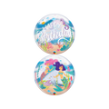 Teal blue mermaid bubble balloon with Happy Birthday and under the sea design from Parte Haus party supply store in Bethesda MD