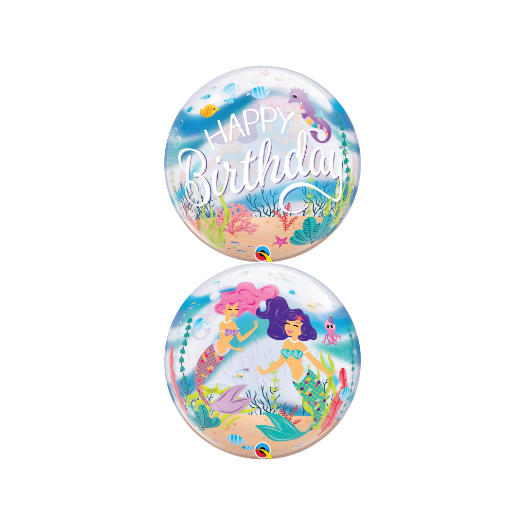 Teal blue mermaid bubble balloon with Happy Birthday and under the sea design from Parte Haus party supply store in Bethesda MD