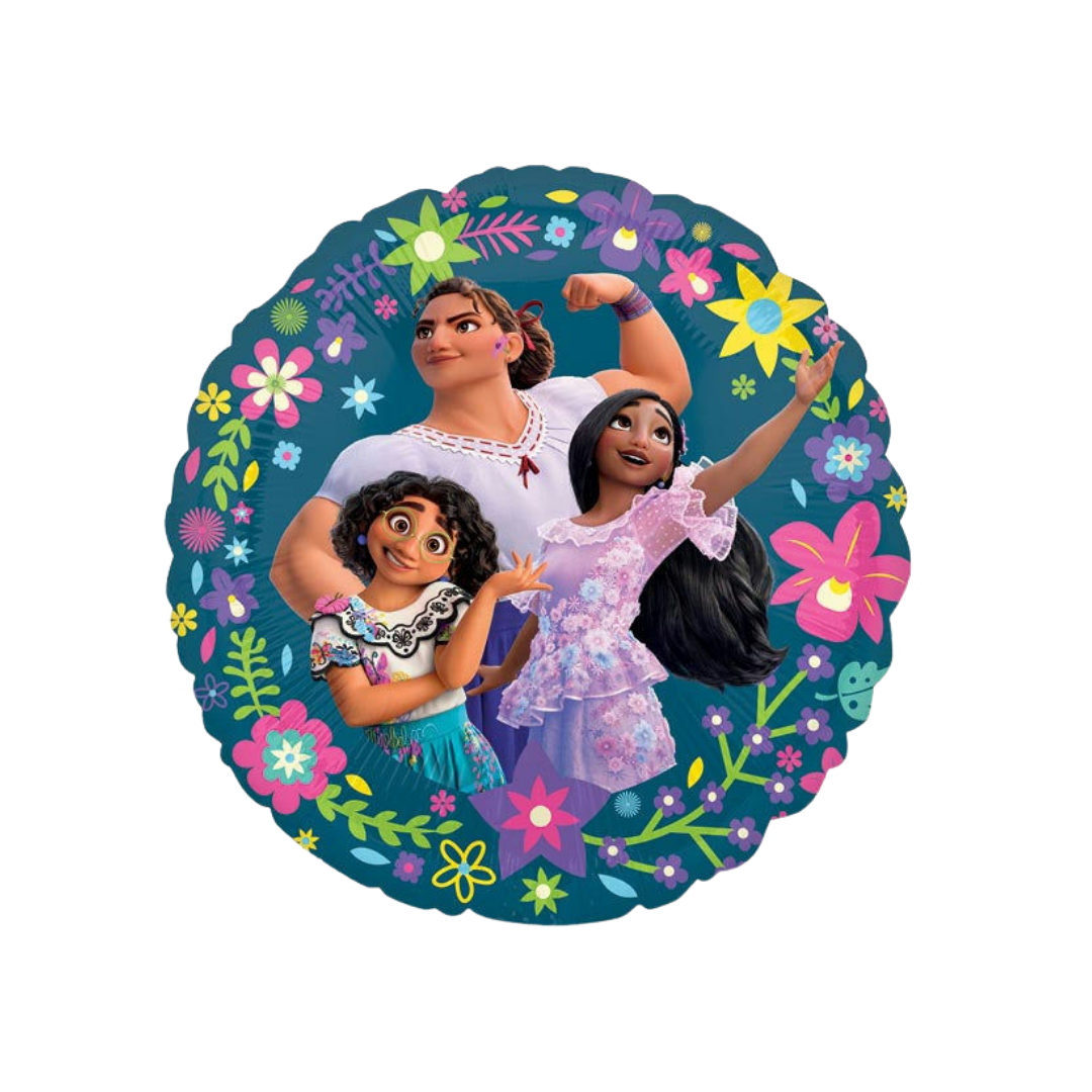 Teal floral Encanto foil balloon with animated characters birthday theme from Parte Haus party supply store in Bethesda MD