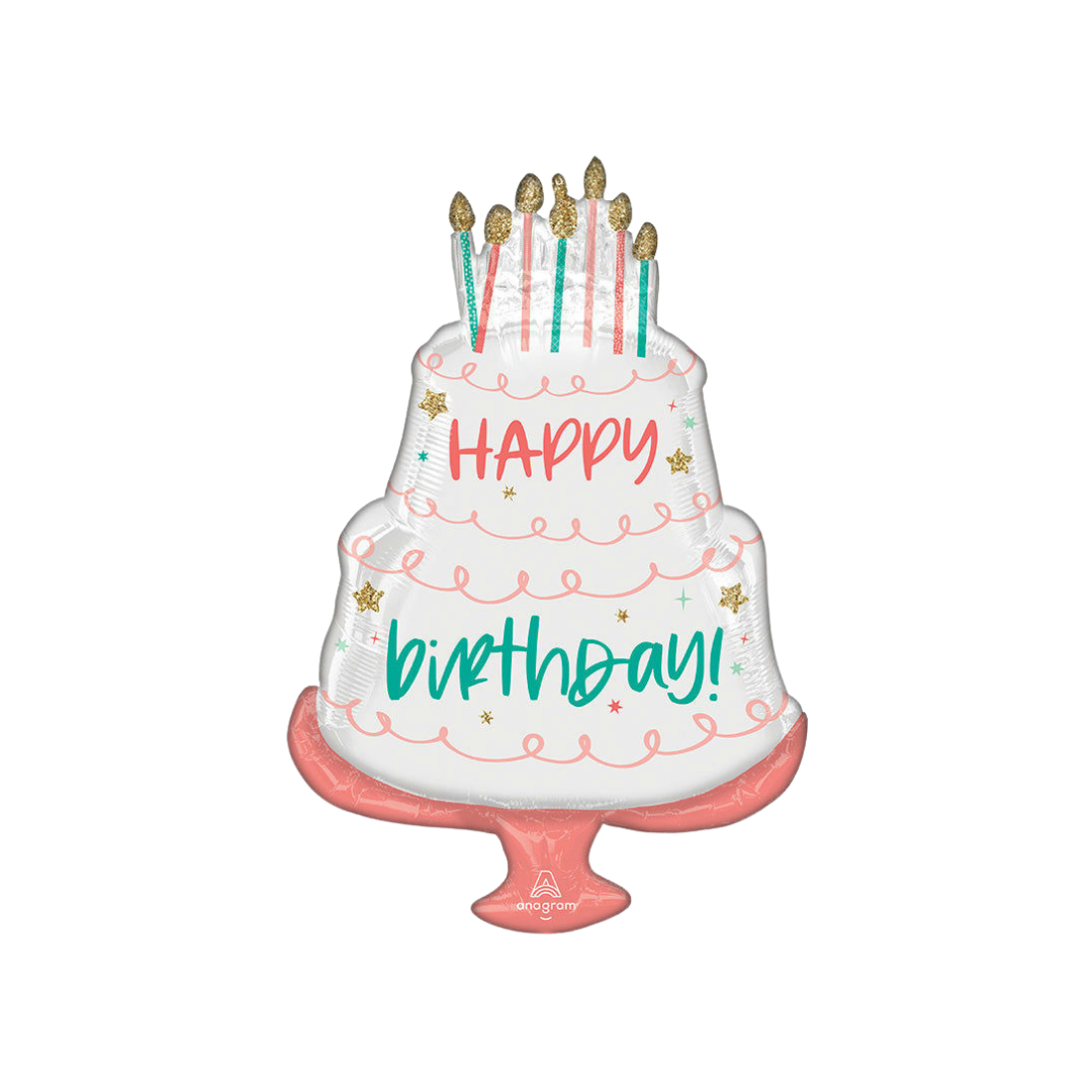 Teal green birthday cake foil balloon with candles birthday theme from Parte Haus party supply store in Bethesda MD