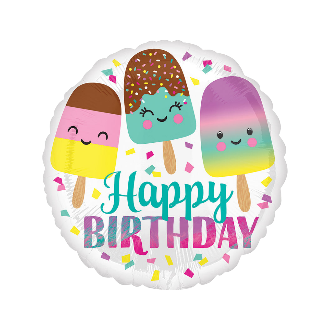 Teal and pink 18in ice cream confetti happy birthday foil balloon with cute popsicle design – from Parte Haus party supply store in Bethesda, Maryland.