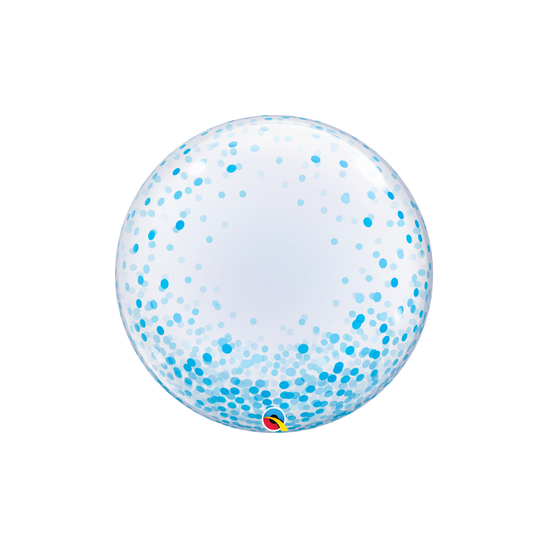 Clear 24in bubble balloon with blue confetti dots for birthday parties – from Parte Haus party supply store in Bethesda, Maryland.