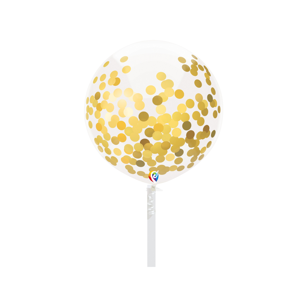Gold confetti latex balloon with transparent design for birthdays from Parte Haus party supply store in Bethesda MD