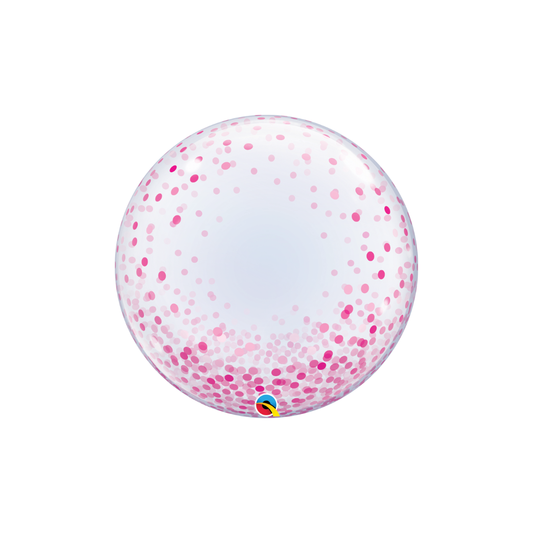 Clear 24in bubble balloon with pink and fuchsia confetti dots for birthday parties – from Parte Haus party supply store in Bethesda, Maryland.