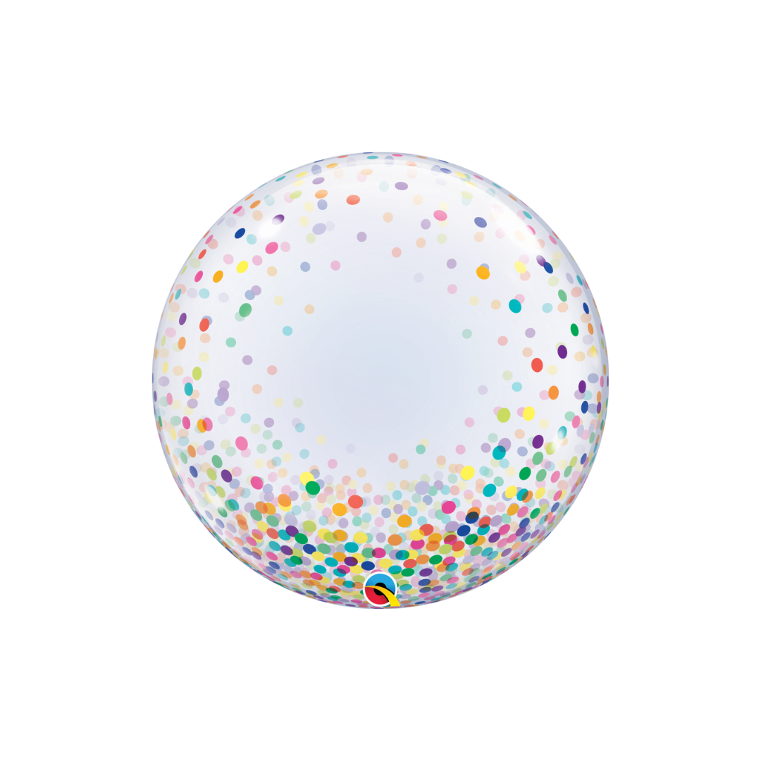 Clear 24in bubble balloon with rainbow confetti dots for birthday parties – from Parte Haus party supply store in Bethesda, MD.