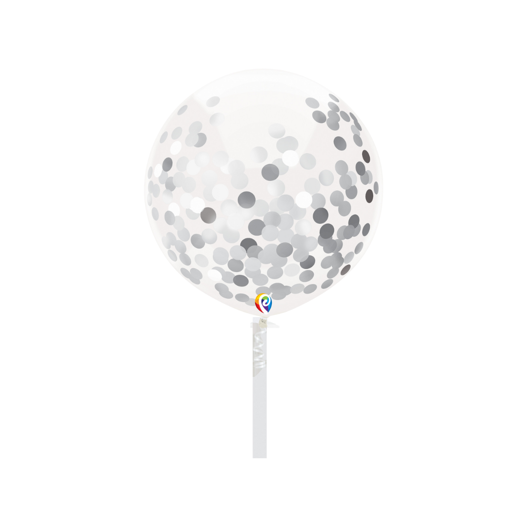 silver confetti latex balloon transparent for celebration from Parte Haus party supply store in Bethesda Maryland
