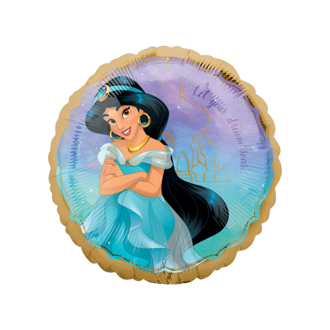 Turquoise and gold 18in Princess Jasmine Aladdin foil balloon for birthday parties – from Parte Haus party supply store in Bethesda, Maryland.