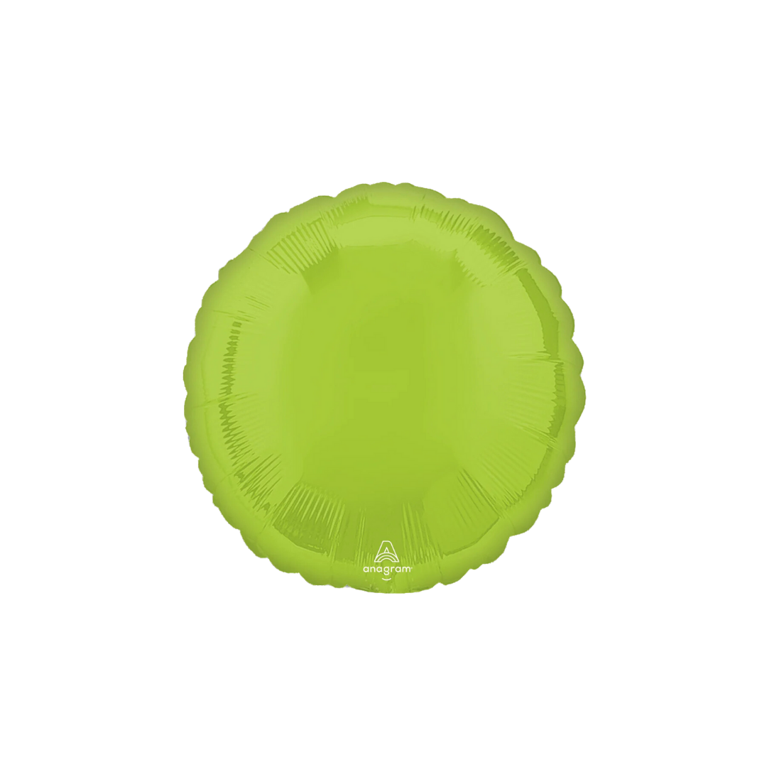 Vibrant green 18in round foil balloon with a glossy finish for birthdays, weddings, and graduations – from Parte Haus party supply store in Bethesda, Maryland.