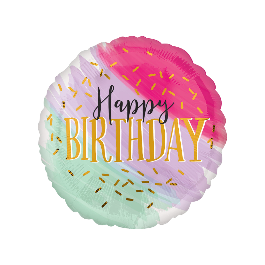Pastel and gold 28in watercolor happy birthday foil balloon with brushstroke and confetti design – from Parte Haus party supply store in Bethesda, MD.