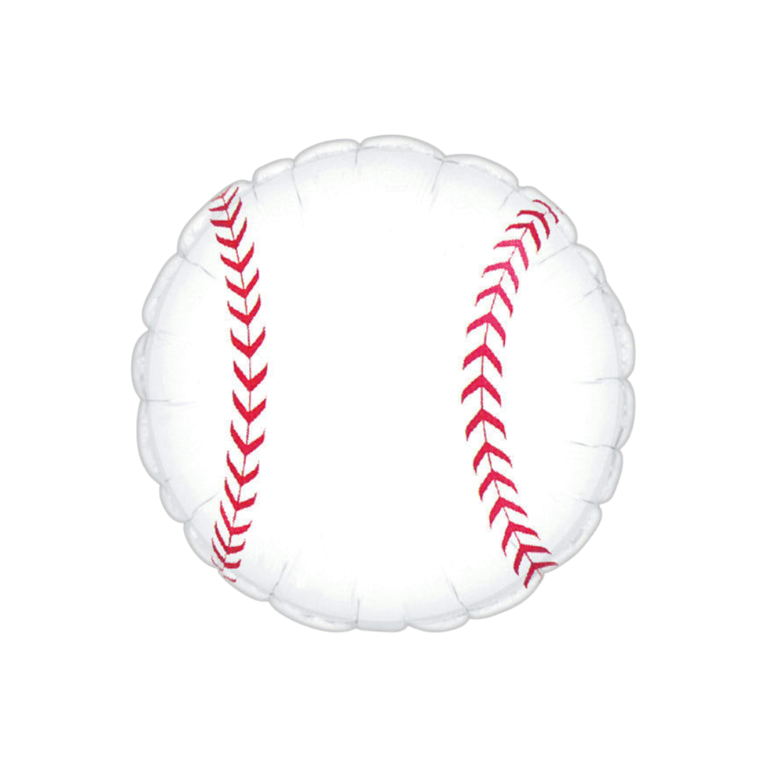 white baseball foil balloon with red stitching sports birthday from Parte Haus party supply store in Bethesda MD
