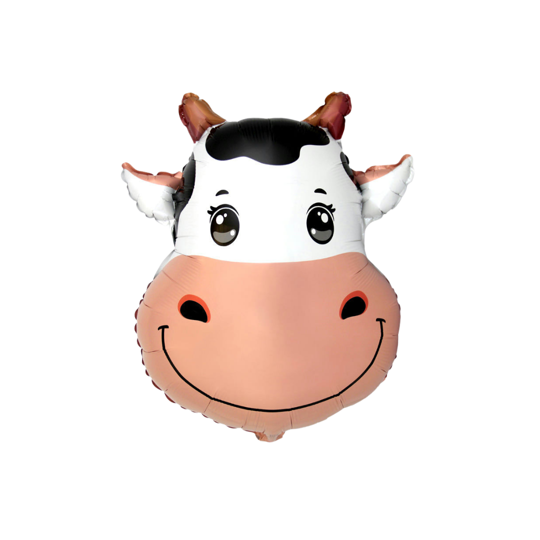 white black cow head foil balloon with a smiling face farm birthday from Parte Haus party supply store in Bethesda MD