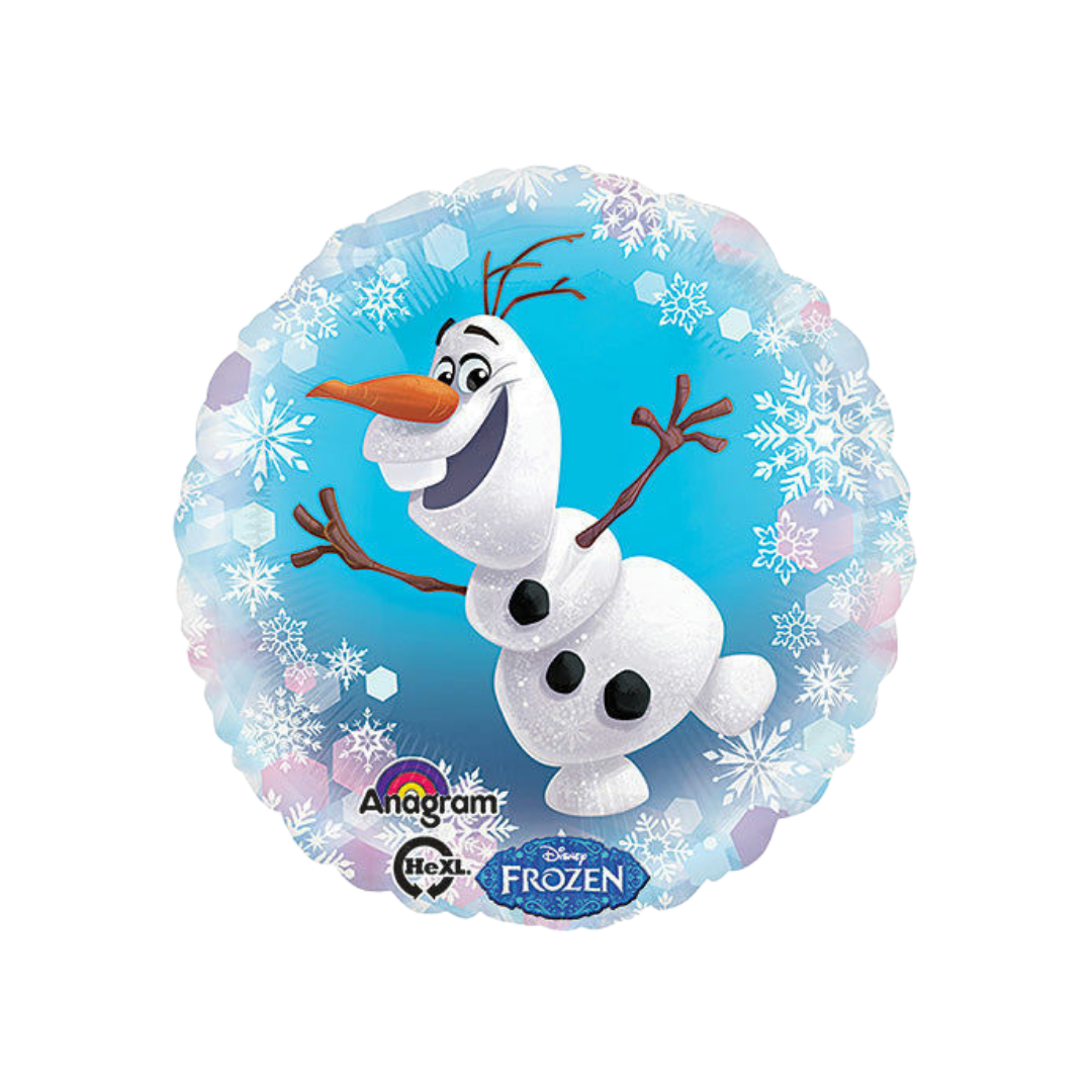 White and blue 18in Frozen Olaf birthday foil balloon with snowflake design – from Parte Haus party supply store in Bethesda, Maryland.