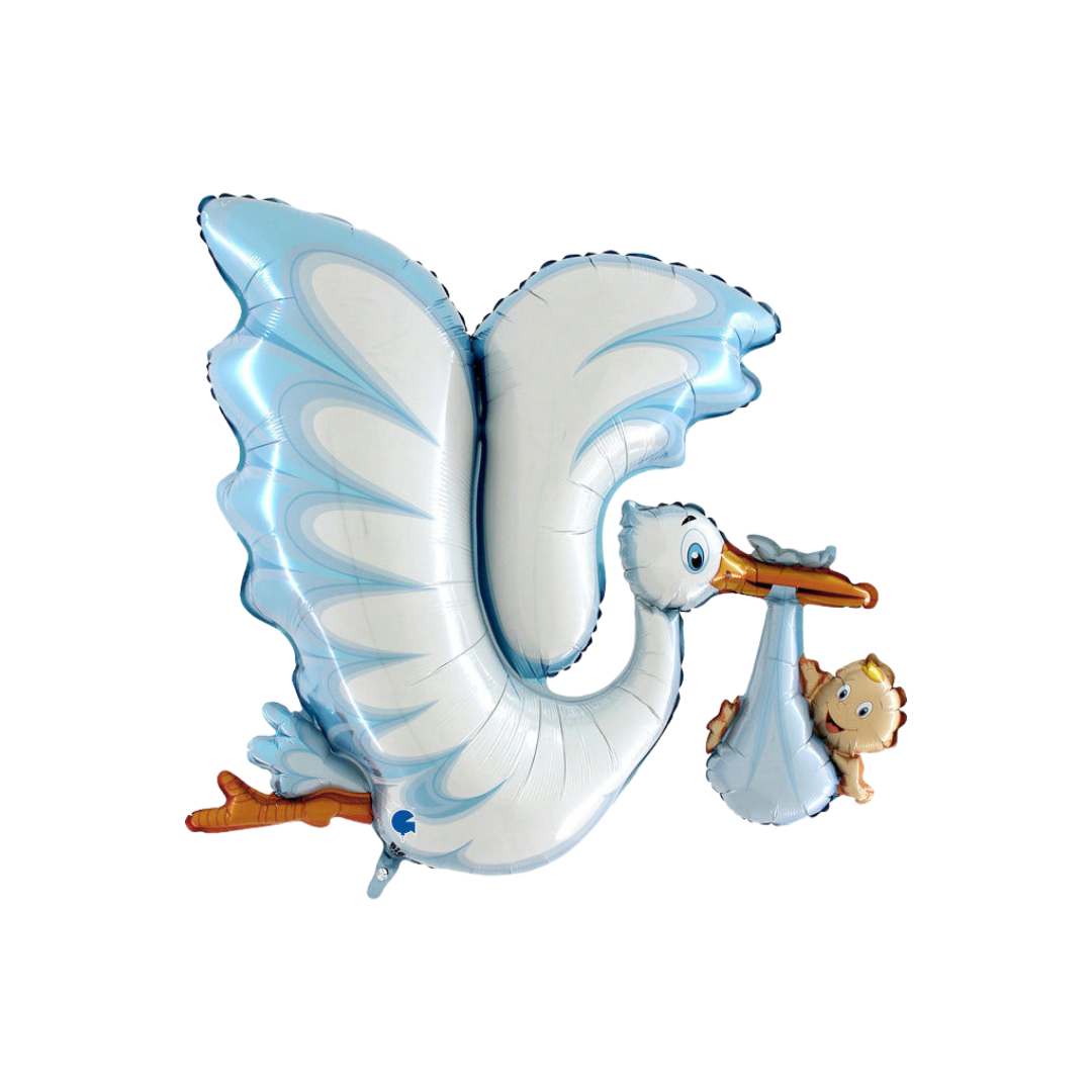 White and blue 53in stork foil balloon for baby showers from Parte Haus party supply store in Bethesda, Maryland.