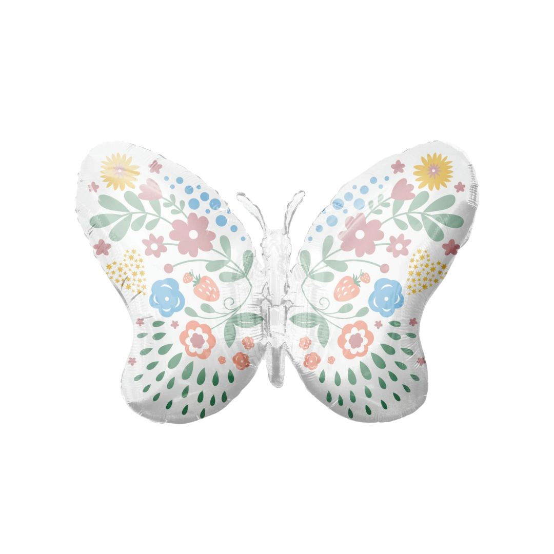 White butterfly foil balloon with colorful floral design for birthday from Parte Haus party supply store in Bethesda MD