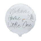 White foil balloon with welcome home little one text and stork baby arrival from Parte Haus party supply store in Bethesda Maryland