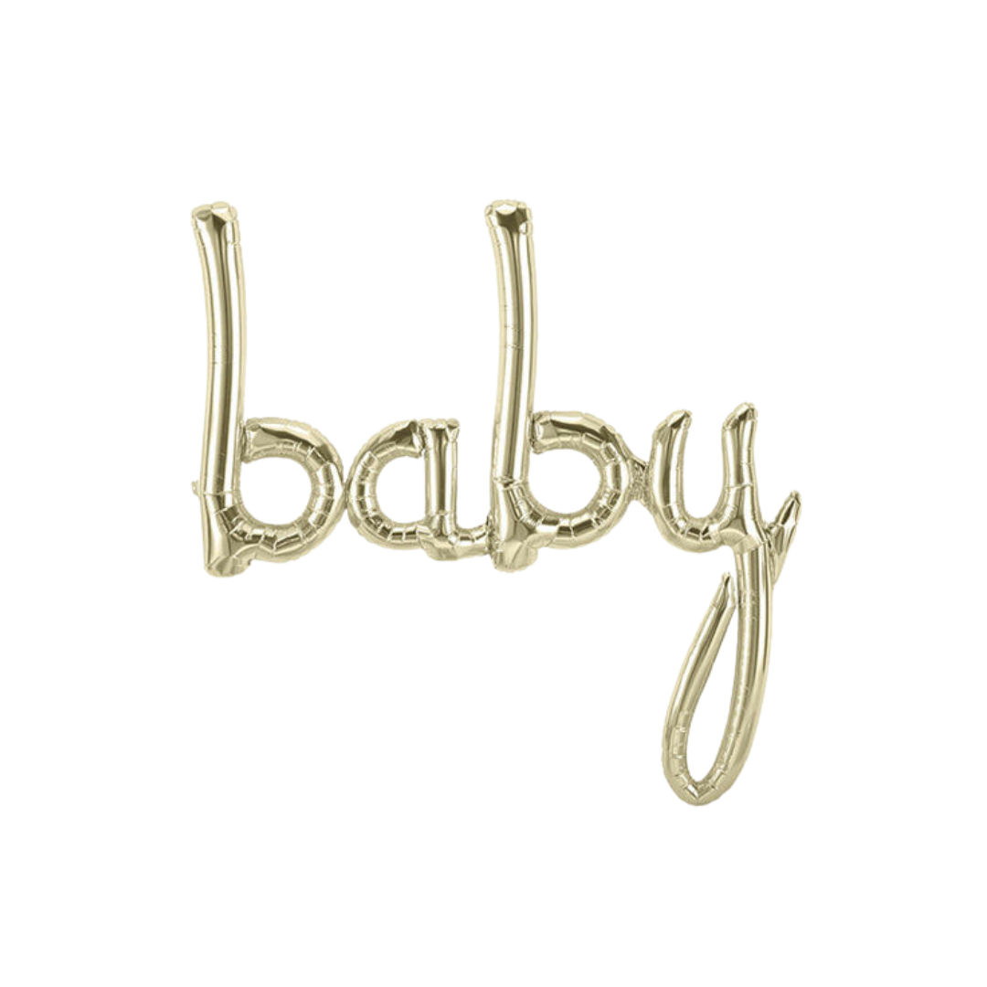 White gold 34in baby script foil balloon for baby showers – from Parte Haus party supply store in Bethesda, MD.