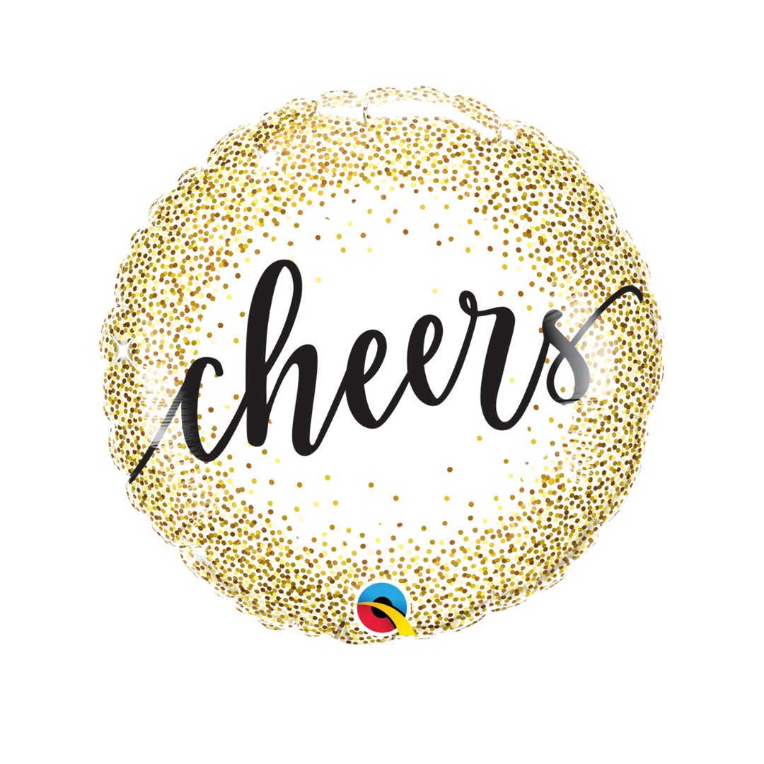 White and gold 18in Cheers foil balloon with confetti dot design for celebration parties – from Parte Haus party supply store in Bethesda, MD.
