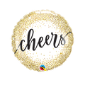 White gold dots foil balloon with cheers text for celebration from Parte Haus party supply store in Bethesda MD.