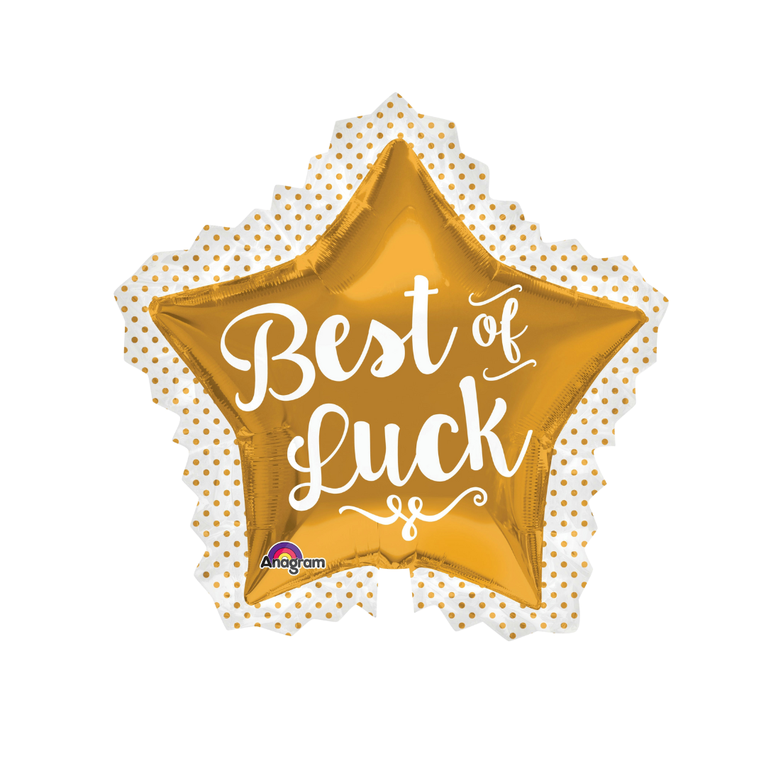 White and gold 34in Best of Luck star foil balloon with dotted border – from Parte Haus party supply store in Bethesda, Maryland.
