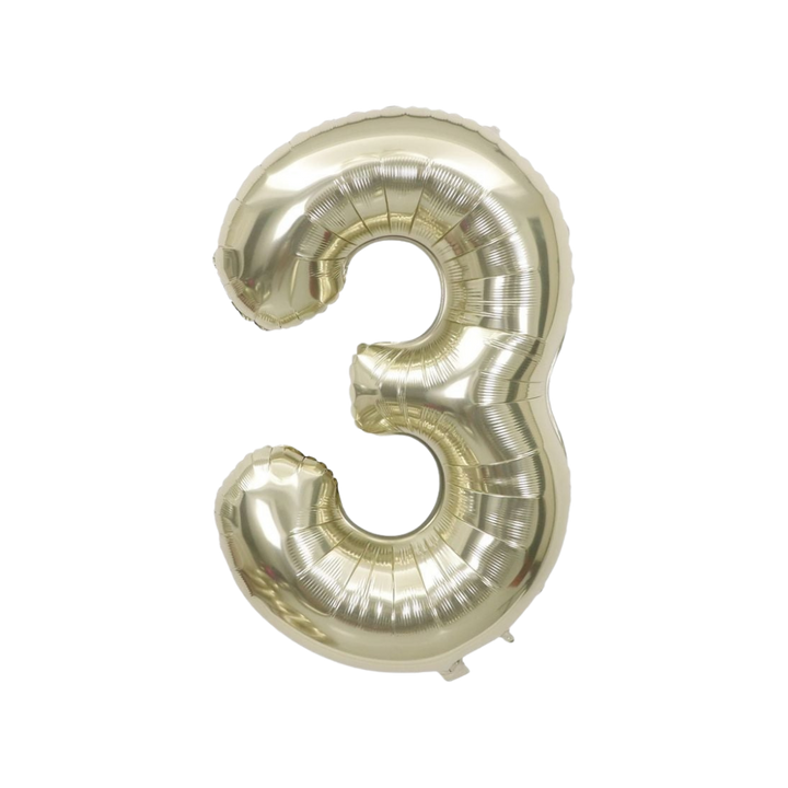 White gold number 3 foil balloon, 34in, perfect for party decor from Parte Haus in Bethesda, Maryland.