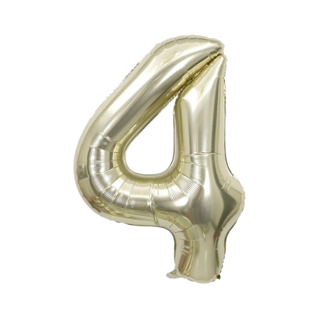 White gold number 4 foil balloon for birthday from Parte Haus party supply store in Bethesda MD.