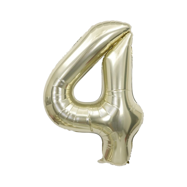 White gold number 4 foil balloon, 34in, perfect for party decor from Parte Haus in Bethesda, MD.