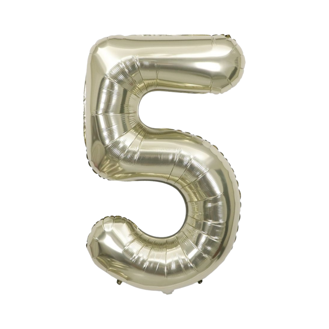 White gold number 5 foil balloon, 34in, perfect for party decor from Parte Haus in Bethesda, Maryland.