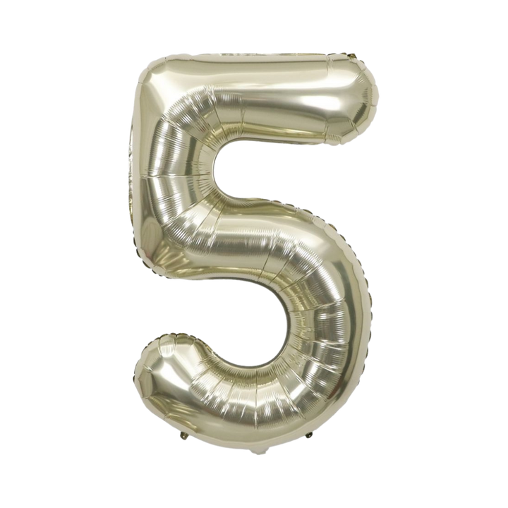 White gold number 5 foil balloon, 34in, perfect for party decor from Parte Haus in Bethesda, Maryland.
