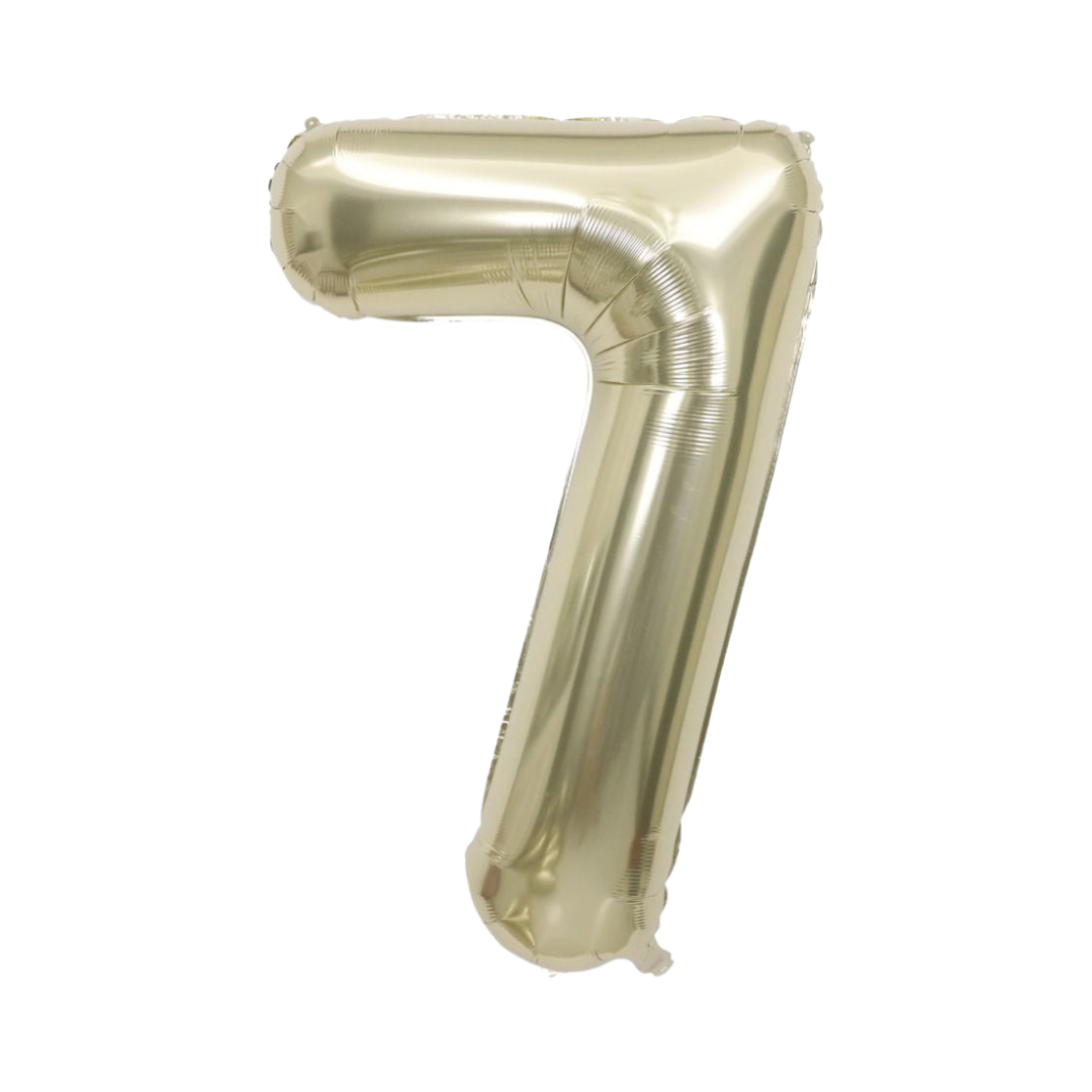 White gold number 7 foil balloon, 34in, perfect for party decor from Parte Haus in Bethesda, Maryland.