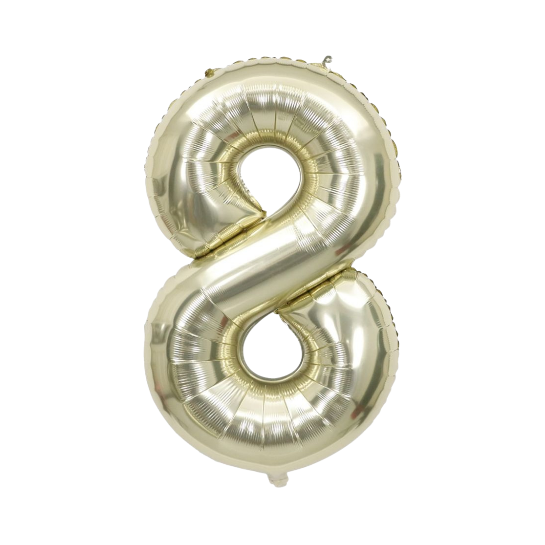 White gold number 8 foil balloon, 34in, perfect for party decor from Parte Haus in Bethesda, MD.