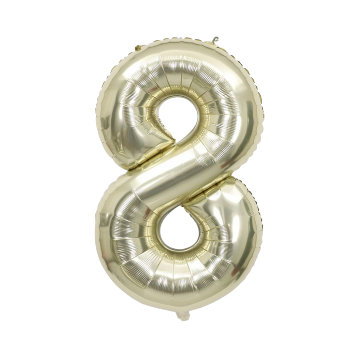 White gold number 8 foil balloon, 34in, perfect for party decor from Parte Haus in Bethesda, MD.