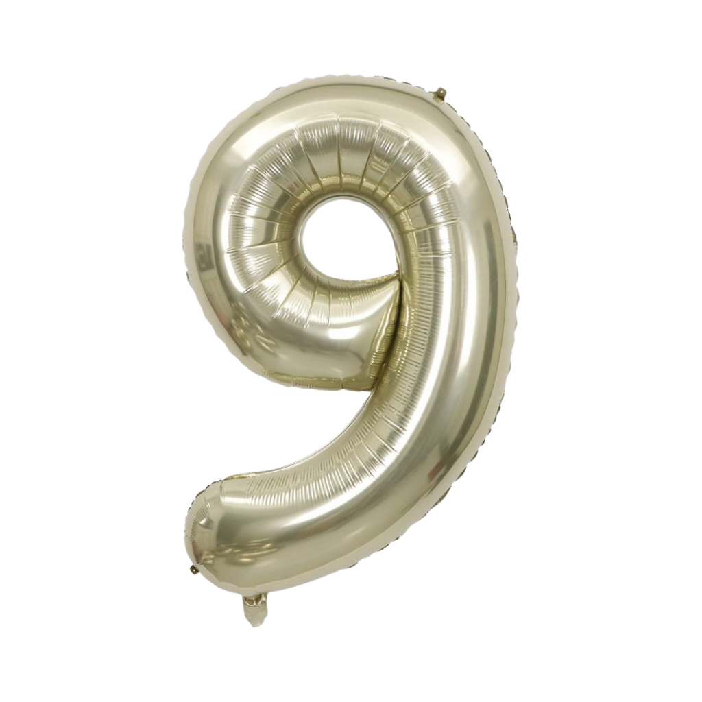 White gold number nine foil balloon shiny birthday decor from Parte Haus party supply store in Bethesda MD