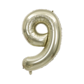 White gold number nine foil balloon shiny birthday decor from Parte Haus party supply store in Bethesda MD