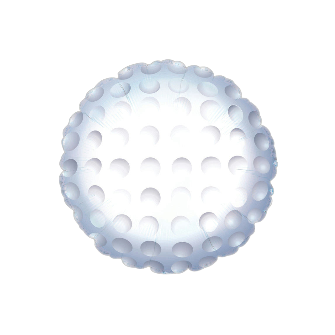 White 18in golf ball foil balloon for birthday parties from Parte Haus party supply store in Bethesda, MD.