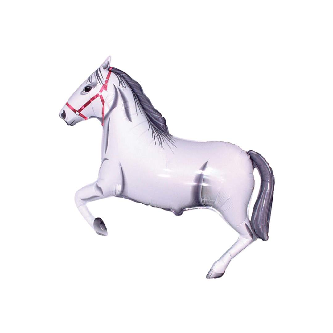 42in white and gray horse foil balloon with red bridle for animal and western birthday parties from Parte Haus in Bethesda, Maryland.