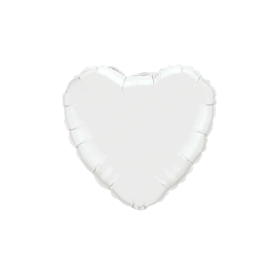White 18in heart foil balloon with shiny finish for wedding or birthday parties – from Parte Haus party supply store in Bethesda, Maryland.