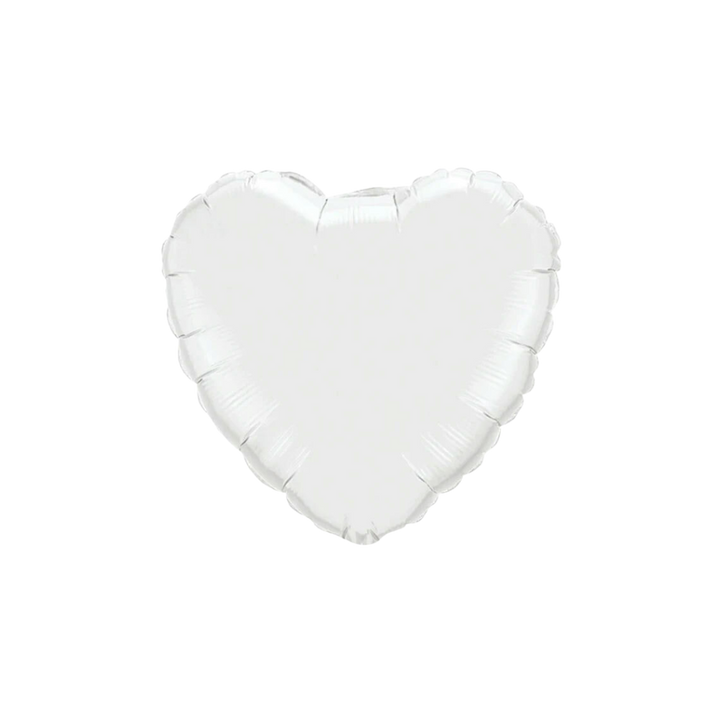 White 18in heart foil balloon with shiny finish for wedding or birthday parties – from Parte Haus party supply store in Bethesda, Maryland.