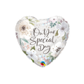 White heart foil balloon with floral design and On Your Special Day text celebration from Parte Haus party supply store in Bethesda MD