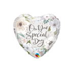 White heart foil balloon with floral design and On Your Special Day text celebration from Parte Haus party supply store in Bethesda MD