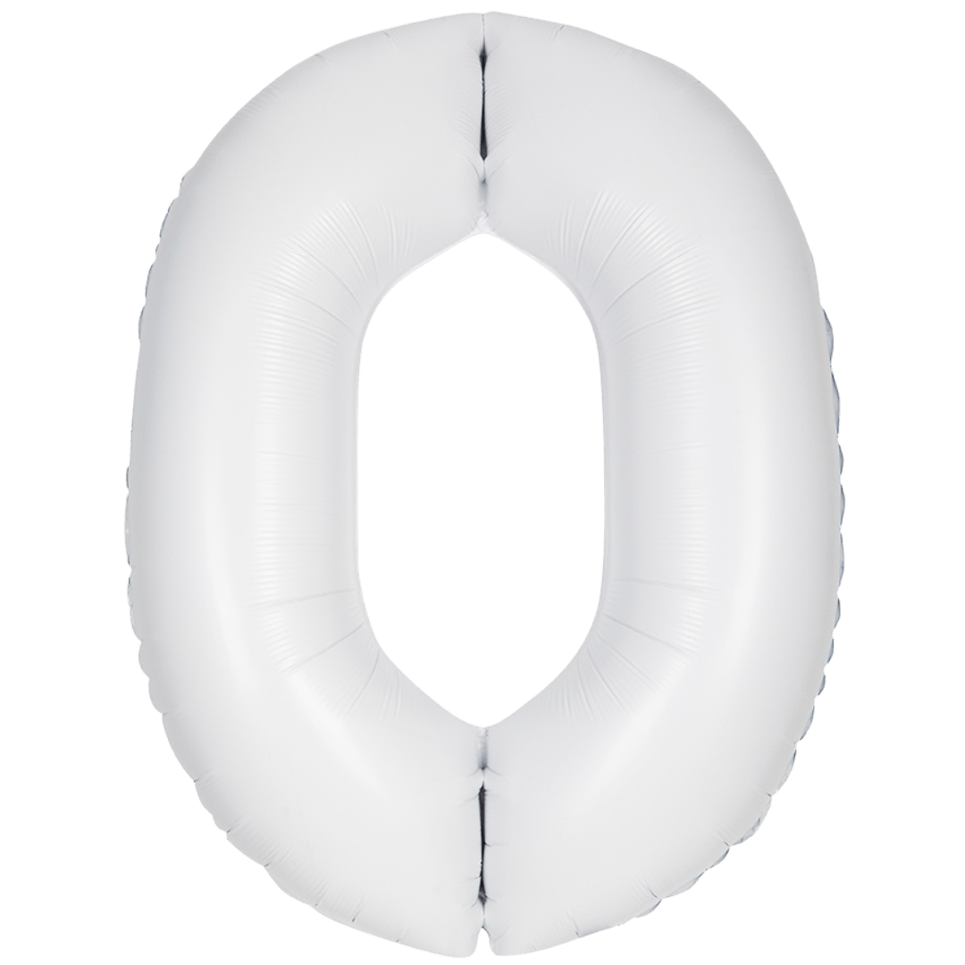 White 34in matte number 0 foil balloon for birthday party decor from Parte Haus party store in Bethesda, Maryland.
