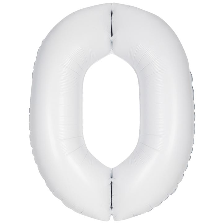 White 34in matte number 0 foil balloon for birthday party decor from Parte Haus party store in Bethesda, Maryland.