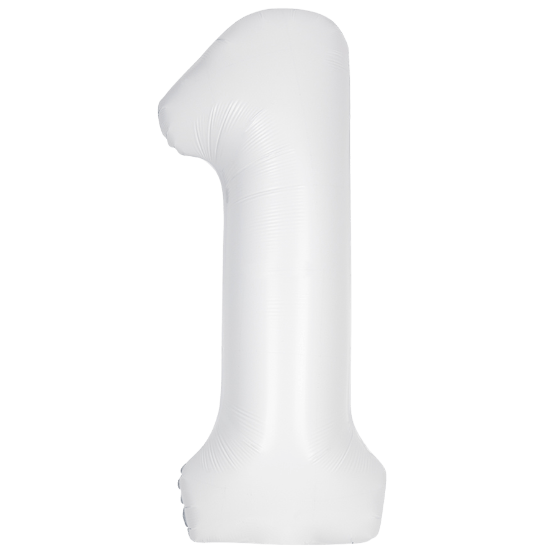 White 34in matte number 1 foil balloon for birthday party decor from Parte Haus party store in Bethesda, MD.