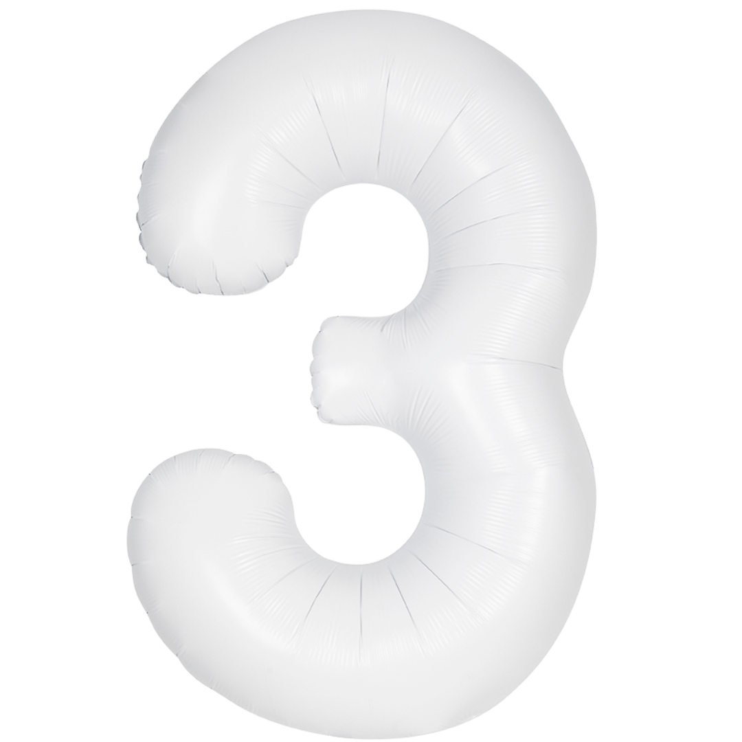 White 34in matte number 3 foil balloon for birthday party decor from Parte Haus party store in Bethesda, Maryland.