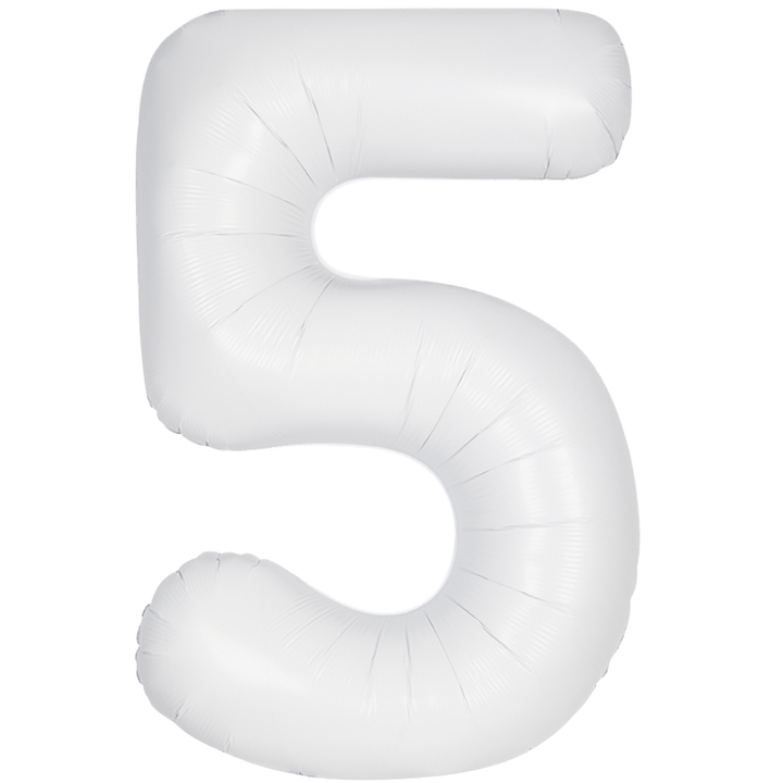 White 34in matte number 5 foil balloon for birthday party decor from Parte Haus party store in Bethesda, MD.