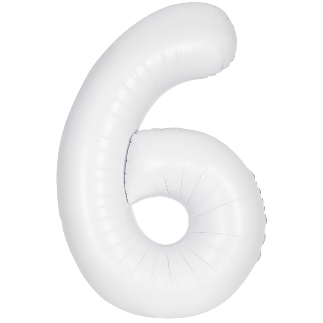 White matte number 6 foil balloon birthday decor from Parte Haus party supply store in Bethesda MD