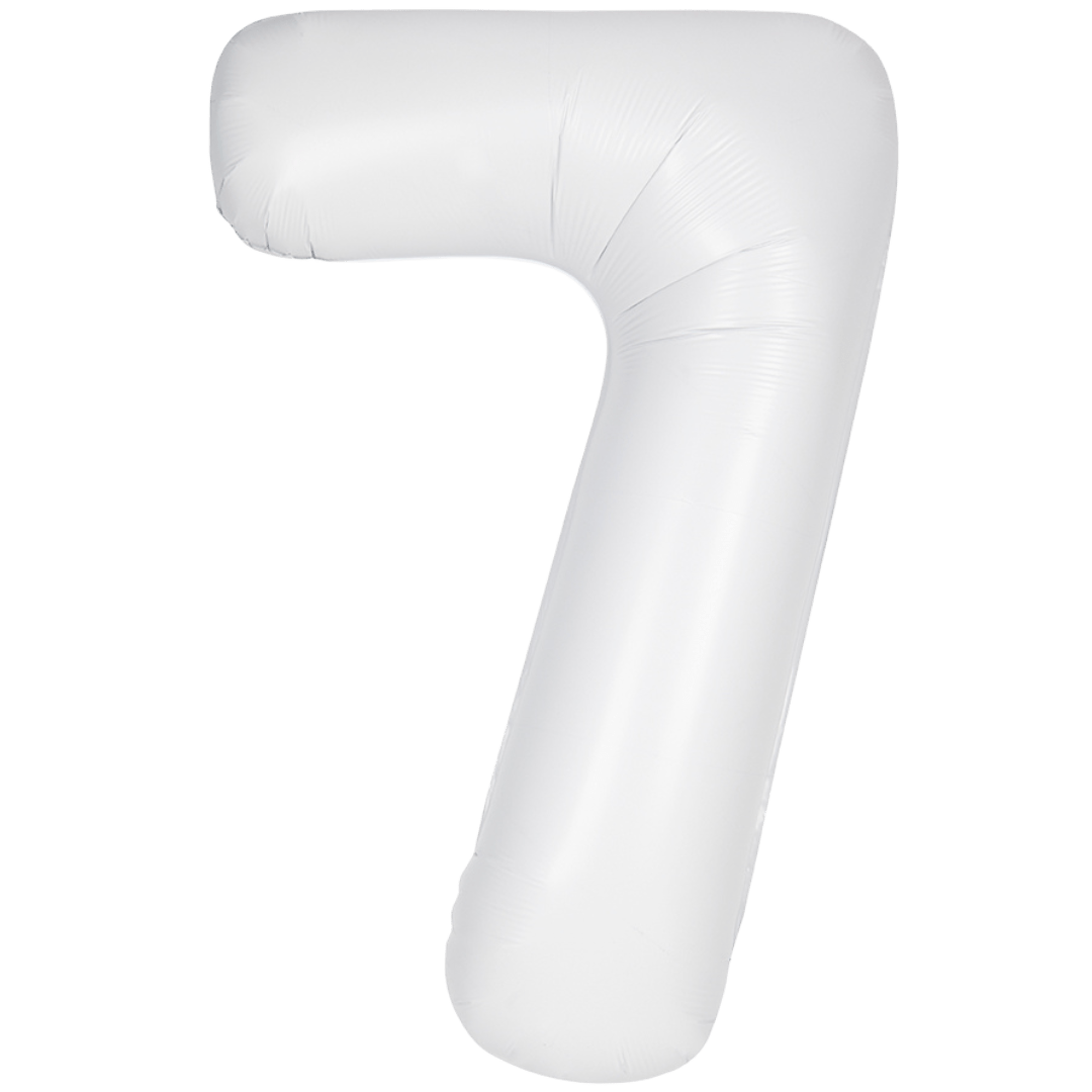 White matte number 7 foil balloon birthday party decor from Parte Haus party supply store in Bethesda Maryland