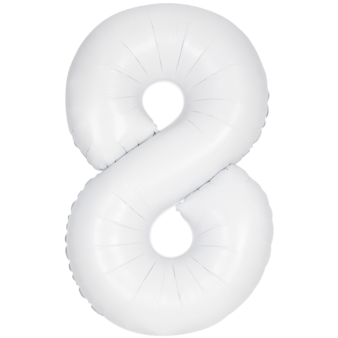 White 34in matte number 8 foil balloon for birthday party decor from Parte Haus party store in Bethesda, Maryland.