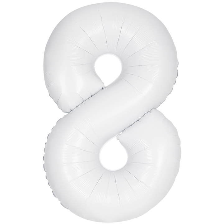 White 34in matte number 8 foil balloon for birthday party decor from Parte Haus party store in Bethesda, Maryland.