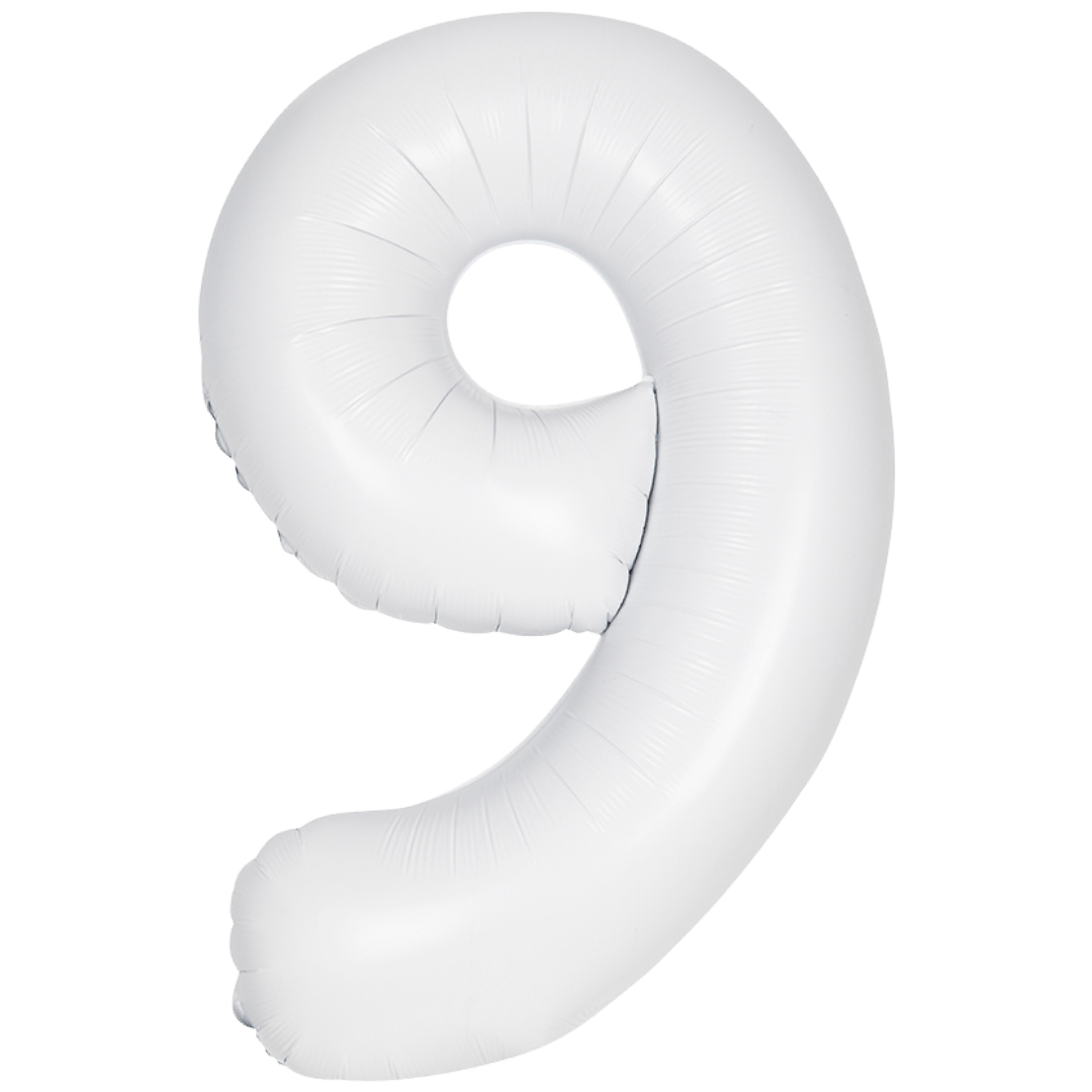 White 34in matte number 9 foil balloon for birthday party decor from Parte Haus party store in Bethesda, Maryland.