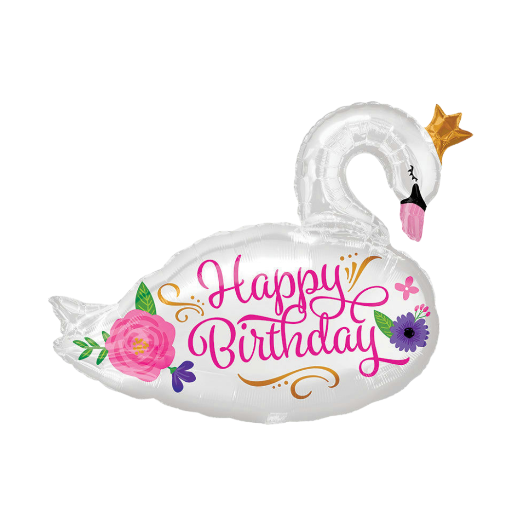 29in white and pink swan Happy Birthday foil balloon with floral accents for elegant birthday parties from Parte Haus in Bethesda, MD.